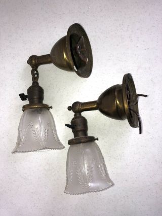 Antique Vintage Brass Hanging Light Fixture Glass Shade Pair 2