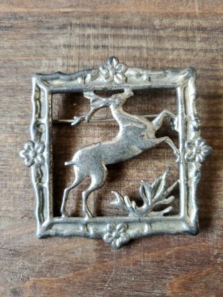 Vintage Lang Sterling Framed Reindeer Deer Buck Pin Brooch 2 - 1/8 " Signed