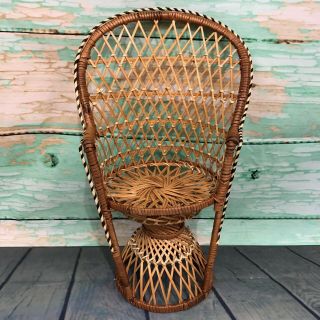 Vintage Wicker Peacock Fan Back Rattan Chair Doll Plant Stand Boho Decor 13”