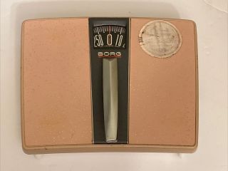 Vintage 1950’s Mid Century Borg Bathroom Scale Pink W/ Gold Flakes Chrome Handle