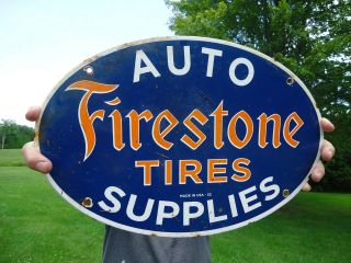 Large Old Vintage 1953 Firestone Tires Auto Supplies Porcelain Enamel Sign