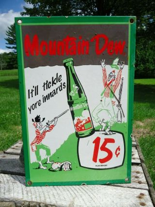 Old Vintage 1950s Mountain Dew 15 Cents Porcelain Advertising Sign Soda Pop
