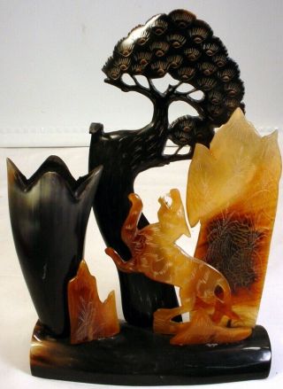 Vintage Hand Carved Chinese Water Buffalo Horn Cat Tree And Vase Sculpture