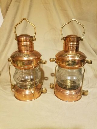 2 Brass& Copper Anchor Oil Lamps Leeds Burton Nautical Maritime 14 " Ship Lantern
