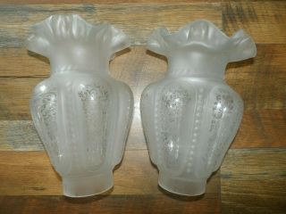 Pair Vintage Antique Blown Frosted Etched Glass Gas Oil Lamp Light Shades Globes
