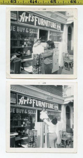 (2) Vintage 1967 Photos / Gumball Machines & Soda Vending Outside Furniture Shop