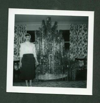 Vintage 1950s Photo Woman W/ Glowing Christmas Tree Shiny Brite Tinsel 409162