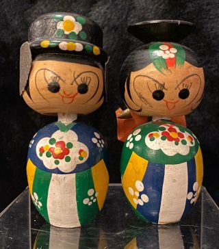 Vintage Pair Bobblehead Dolls Boy & Girl Korean Wooden Made In Korea,  Kokeshi