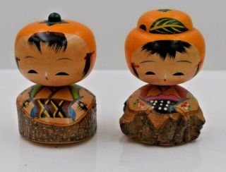 Vintage Hand Painted Japanese Kokeshi Wooden Doll 3 " (7.  6 Cm) Pair W/ Wood Base