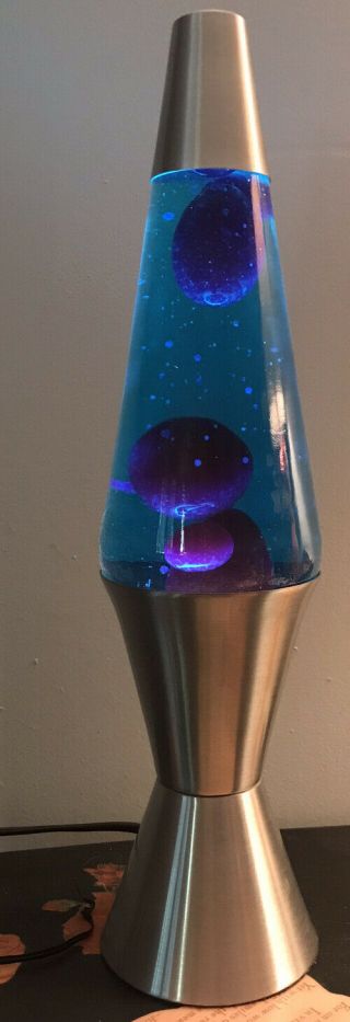 Vintage Lava Lamp With Blues And Purples Liquid Motion.  Silver Base 16.  5”