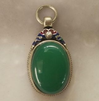 Old Tibetan Silver Inlaid Green Jade Cloisonne Flower Wonderful Pendant