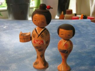 Vintage Japanese Mother & Child Nodder Kokeshi Dolls 3 " & 4 " Tall