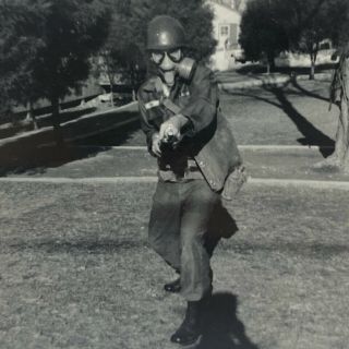 Vintage Photo 1962 Us Army Military Solider Gas Mask Playful Posed Outside