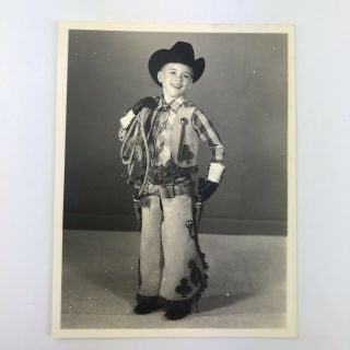 Vintage Black And White Photo Little Boy Western Cowboy Costume Chaps Vest Rope