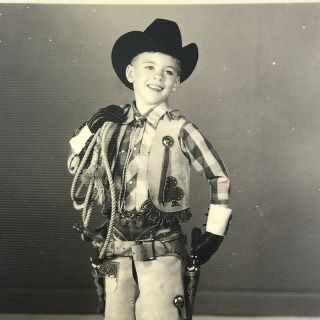 Vintage Black and White Photo Little Boy Western Cowboy Costume Chaps Vest Rope 2