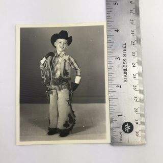 Vintage Black and White Photo Little Boy Western Cowboy Costume Chaps Vest Rope 5