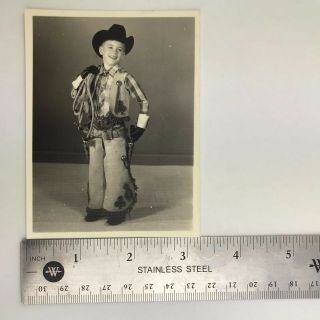 Vintage Black and White Photo Little Boy Western Cowboy Costume Chaps Vest Rope 6