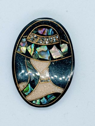Vintage Art Deco Style Lady Hat Paua Shell Acrylic Brooch Pin Jewellery