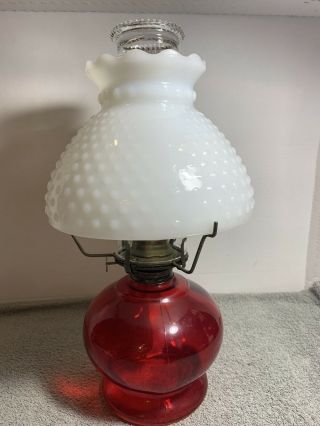Vintage Ruby Red Oil Lamp W/hobnail Milk Glass Shade And Chimney