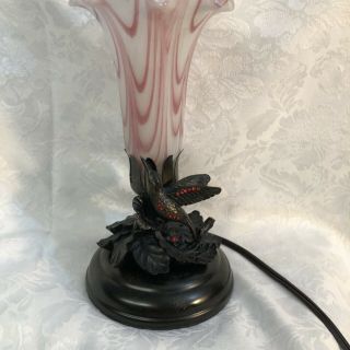 Hummingbird Brass Accent Table Lamp With Striped Glass Tulip Shade Vguc