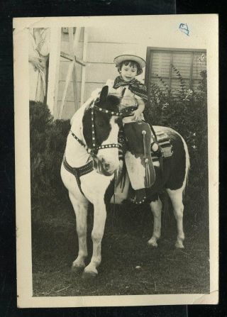 Vintage Photo Young Boy In Cowboy Costume Souvenir Pony Ride Orlando Fl 1952