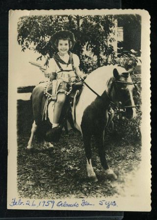 Vintage Photo Young Girl In Cowgirl Costume Souvenir Pony Ride Orlando Fl 1959