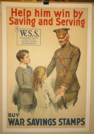 War Savings Stamps Poster Pershing Linen First World War Ww1 Wwi 1918