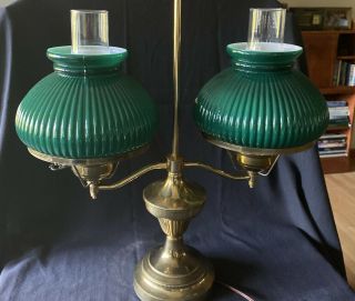 Vintage Double Arm Student Table Lamp With Green Glass Shades Hurricane Brass