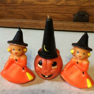 Vintage Halloween Gurley Novelty Candles 2 Little Witches 1 Pumpkin W/hat