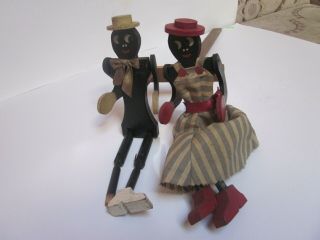 Antique Wood Toy Dancing African American Man And Woman Wood Puppets Of Stick