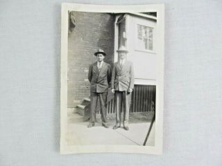 Vintage Black & White Snapshot Men Suit Tie Hat Standing House B&w Photograph