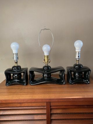 3 Vtg Mid Century Modern Black Glazed Ceramic Table / Tv Lamps 1950’s 1960 