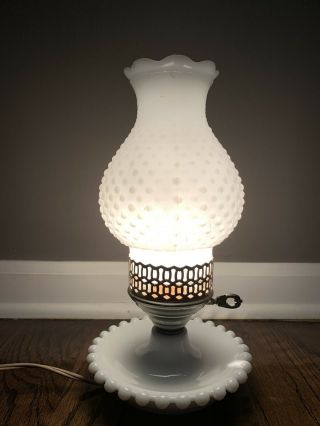 Vintage Milk Glass Hobnail Electric Hurricane Table Lamp 11.  5”