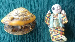 Occupied Japan Monk Bisque? Doll And Diorama Japan Carved Clam Shell Scene