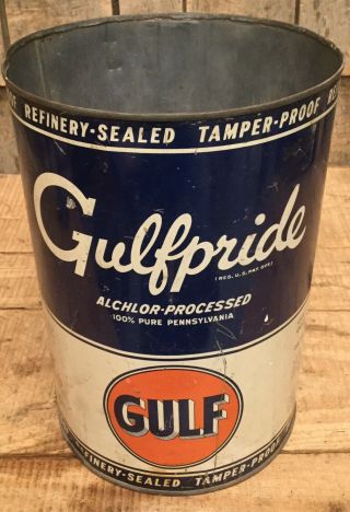 Vintage 5 Qt Gulf Pride Motor Oil Tin Can Gas Service Station Auto Advertising