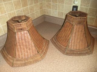 Vintage Pair Wicker Rattan Table Lamp Shade Brown Color Basket Country Unique