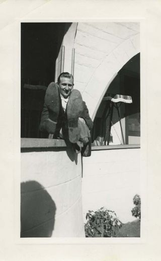 Vintage Photograph Man Sitting On Porch Rail Feet First Shoe Soles 1940s