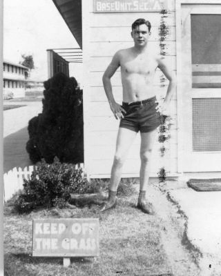 Vintage Photo: Keep Off The Grass Sign Man Male Military Shirtless 40 