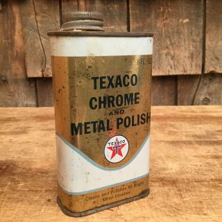 Vintage 8oz Gold Texaco Chrome & Metal Polish Tin Can Motor Oil Gas Station Sign
