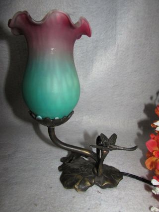 Vintage Hand Blown Glass Lily Shade Desk Lamp W Frog & Dragonfly 8 " Tall Euc