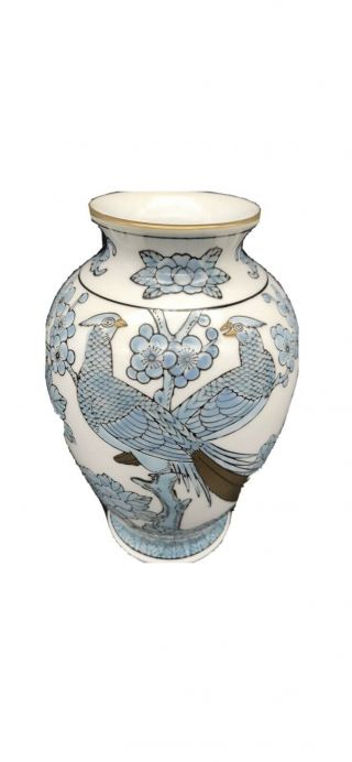 Vintage Japanese Gold Imari Hand Painted Vase Peacocks With Blue & White Floral