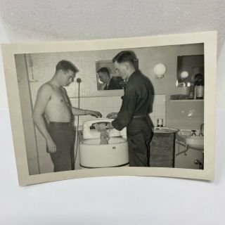 Vintage Photo Us Army Military 1960s Soldiers Barracks Bathroom Posed Shirtless