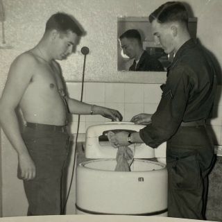 Vintage Photo US ARMY Military 1960s SOLDIERS BARRACKS BATHROOM POSED SHIRTLESS 2