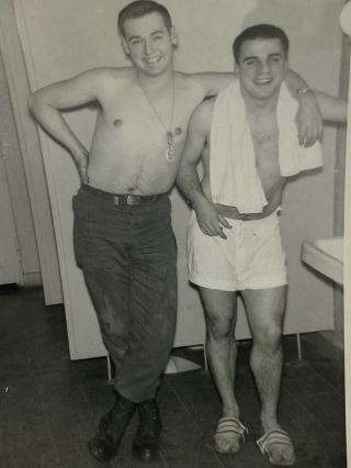 Vintage Photo 1960s Us Army Military Men Barracks Bathroom Playful Posed