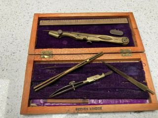 Antique vintage compass drawing set in old case Reeves London pre - 1915 2