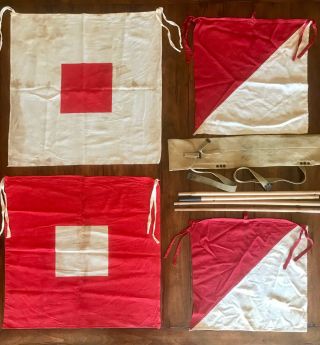 Wwi Us Army Signal Corps Flag Kit - Canvas Bag,  2 Wig - Wag & 2 Semaphore,  4 Poles