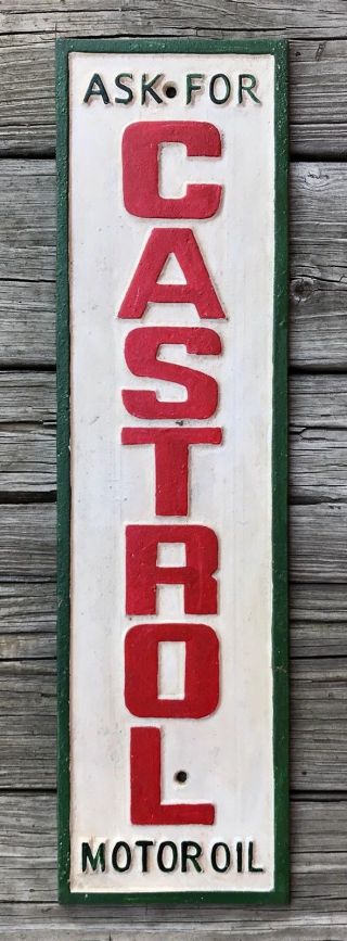 “ask For Castrol Motor Oil” Vintage Heavy Cast Iron Sign,  23 " X 6.  25 "