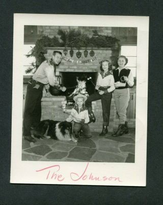 Vintage Photo Christmas Card Western Family Cowboy Shirts Pet Collie Dog 410103