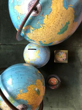 Vintage 8 " And 6 " Replogle Metal World Globes,  Bank,  Pencil Sharpener And More.