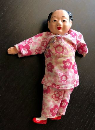 Vintage Chinese Lacquer Painted Composite Girl Doll Clothes Nr